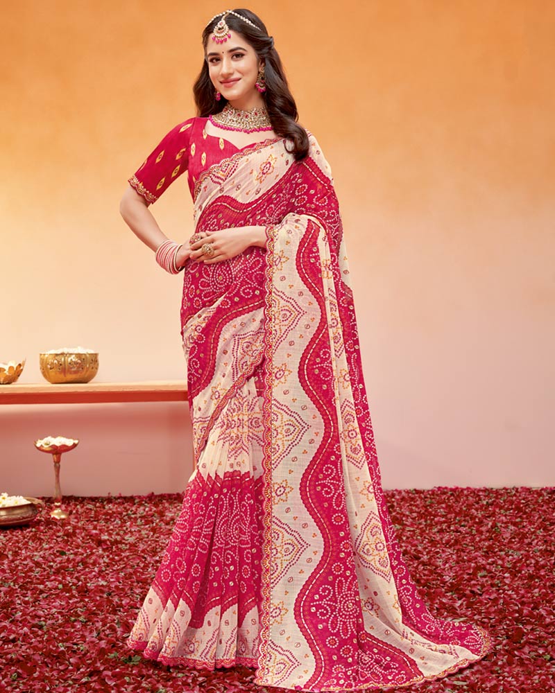 Vishal Prints Cherry Red Printed Fancy Chiffon Traditional Print Saree With Foil Print And Cut Work Border