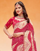 Vishal Prints Cherry Red Printed Fancy Chiffon Traditional Print Saree With Foil Print And Cut Work Border
