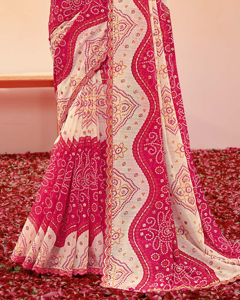 Vishal Prints Cherry Red Printed Fancy Chiffon Traditional Print Saree With Foil Print And Cut Work Border