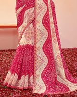 Vishal Prints Cherry Red Printed Fancy Chiffon Traditional Print Saree With Foil Print And Cut Work Border