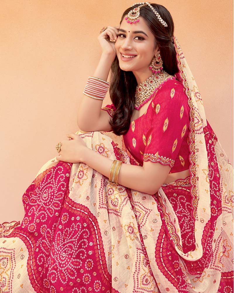 Vishal Prints Cherry Red Printed Fancy Chiffon Traditional Print Saree With Foil Print And Cut Work Border