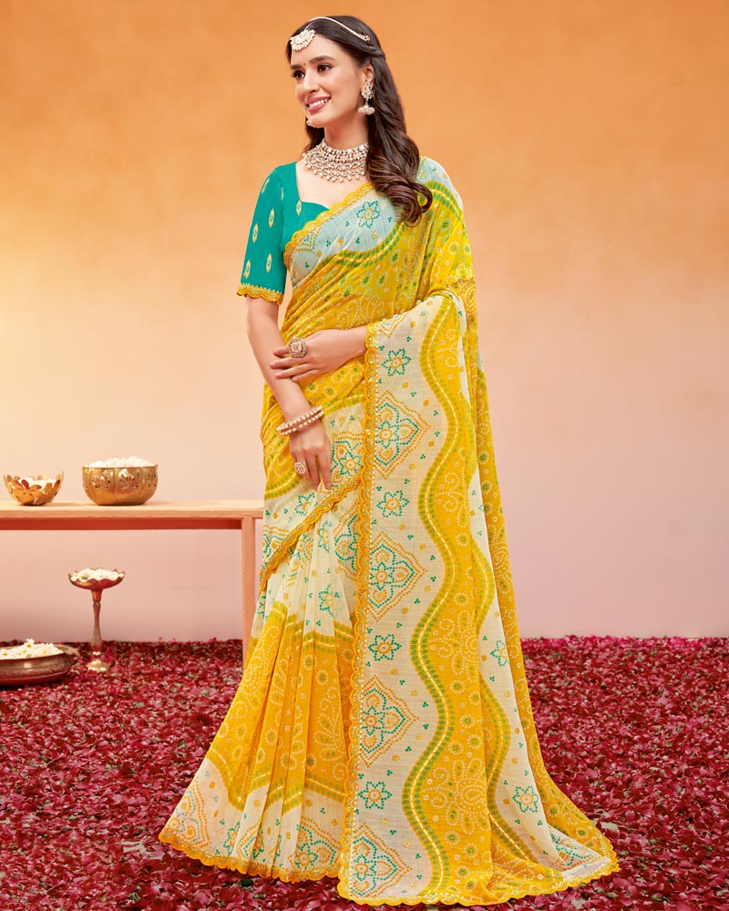 Vishal Prints Golden Yellow Printed Fancy Chiffon Traditional Print Saree With Foil Print And Cut Work Border