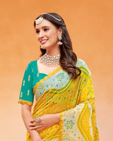 Vishal Prints Golden Yellow Printed Fancy Chiffon Traditional Print Saree With Foil Print And Cut Work Border
