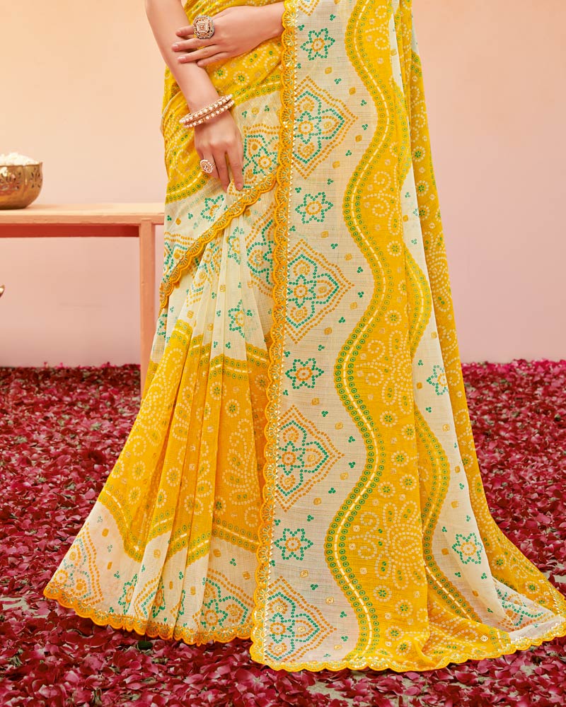 Vishal Prints Golden Yellow Printed Fancy Chiffon Traditional Print Saree With Foil Print And Cut Work Border