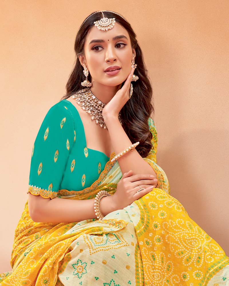 Vishal Prints Golden Yellow Printed Fancy Chiffon Traditional Print Saree With Foil Print And Cut Work Border