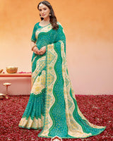 Vishal Prints Persian Green Printed Fancy Chiffon Traditional Print Saree With Foil Print And Cut Work Border
