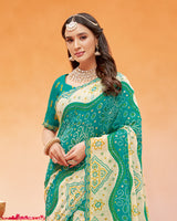 Vishal Prints Persian Green Printed Fancy Chiffon Traditional Print Saree With Foil Print And Cut Work Border
