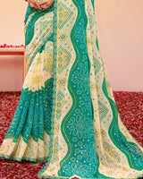 Vishal Prints Persian Green Printed Fancy Chiffon Traditional Print Saree With Foil Print And Cut Work Border