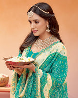 Vishal Prints Persian Green Printed Fancy Chiffon Traditional Print Saree With Foil Print And Cut Work Border