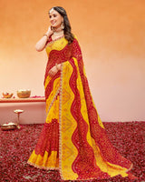 Vishal Prints Dark Yellow And Red Printed Fancy Chiffon Traditional Print Saree With Foil Print And Cut Work Border