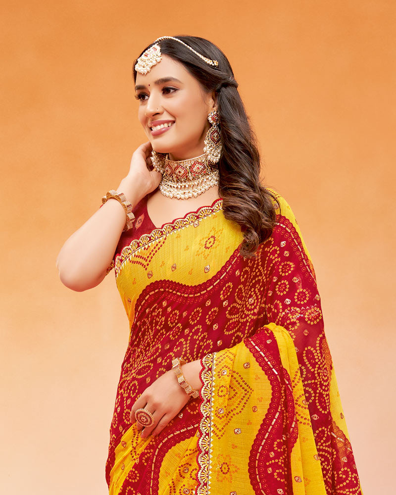 Vishal Prints Dark Yellow And Red Printed Fancy Chiffon Traditional Print Saree With Foil Print And Cut Work Border