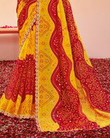 Vishal Prints Dark Yellow And Red Printed Fancy Chiffon Traditional Print Saree With Foil Print And Cut Work Border