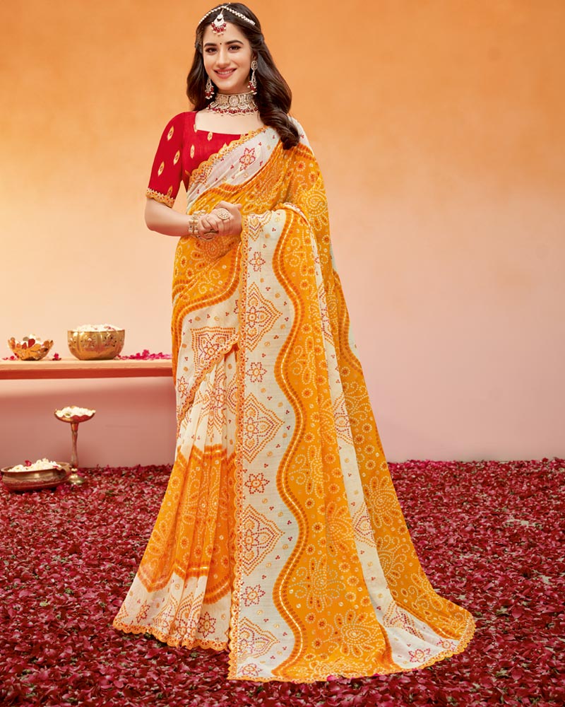 Vishal Prints Carrot Orange Printed Fancy Chiffon Traditional Print Saree With Foil Print And Cut Work Border