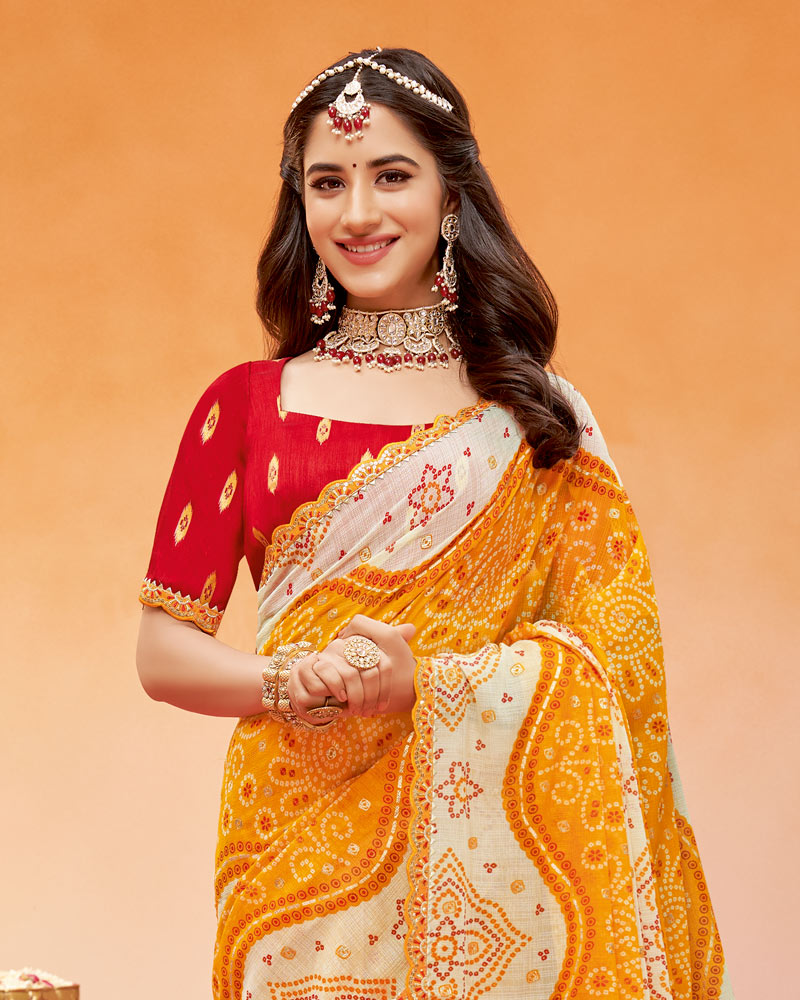 Vishal Prints Carrot Orange Printed Fancy Chiffon Traditional Print Saree With Foil Print And Cut Work Border