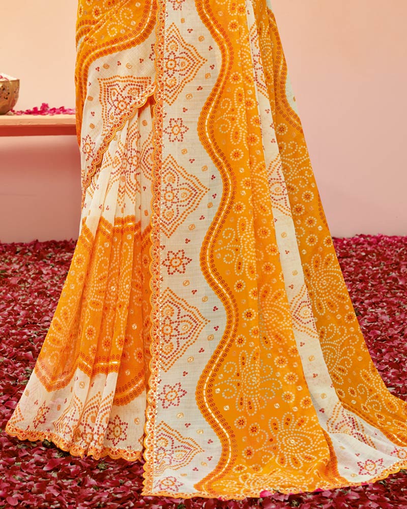 Vishal Prints Carrot Orange Printed Fancy Chiffon Traditional Print Saree With Foil Print And Cut Work Border