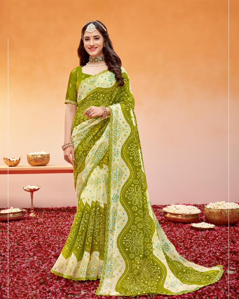 Vishal Prints Brownish Olive Green Printed Fancy Chiffon Traditional Print Saree With Foil Print And Cut Work Border