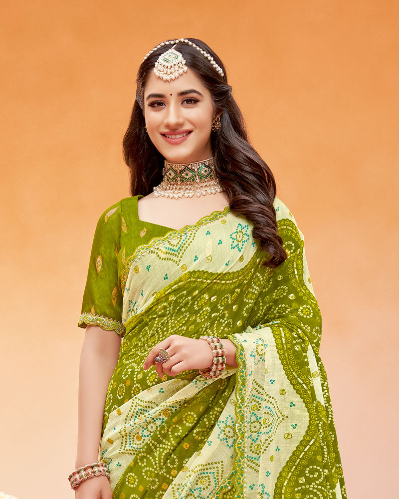 Vishal Prints Brownish Olive Green Printed Fancy Chiffon Traditional Print Saree With Foil Print And Cut Work Border