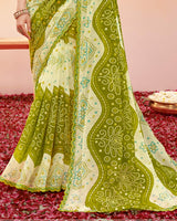 Vishal Prints Brownish Olive Green Printed Fancy Chiffon Traditional Print Saree With Foil Print And Cut Work Border