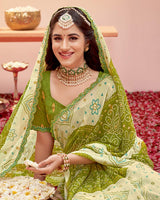 Vishal Prints Brownish Olive Green Printed Fancy Chiffon Traditional Print Saree With Foil Print And Cut Work Border