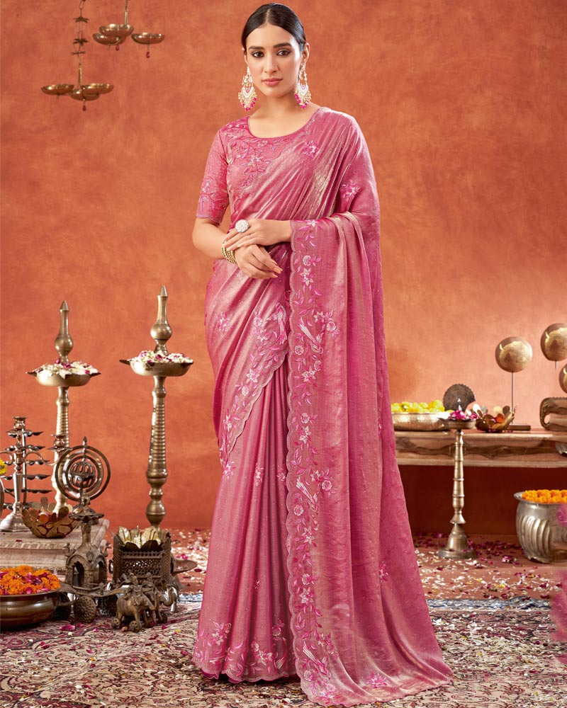 Vishal Prints Blush Pink Designer Fancy Satin Saree With Embroidery-Swarovski Work And Cut Work Border