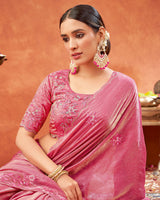 Vishal Prints Blush Pink Designer Fancy Satin Saree With Embroidery-Swarovski Work And Cut Work Border