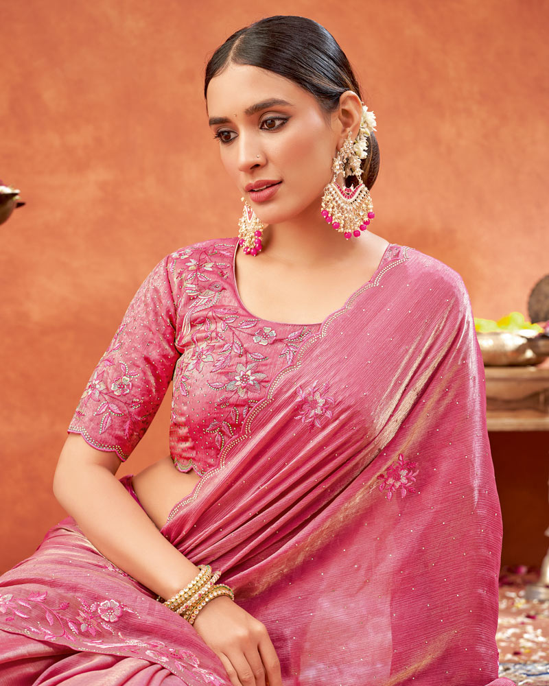 Vishal Prints Blush Pink Designer Fancy Satin Saree With Embroidery-Swarovski Work And Cut Work Border