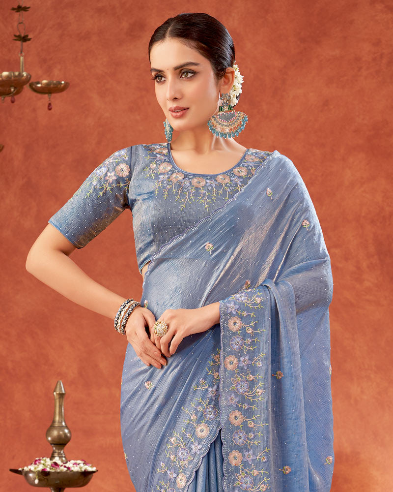 Vishal Prints Pastel Blue Designer Fancy Satin Saree With Embroidery-Swarovski Work And Cut Work Border