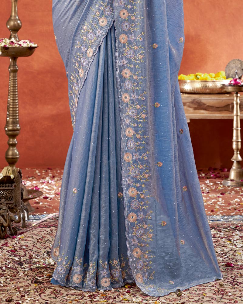 Vishal Prints Pastel Blue Designer Fancy Satin Saree With Embroidery-Swarovski Work And Cut Work Border