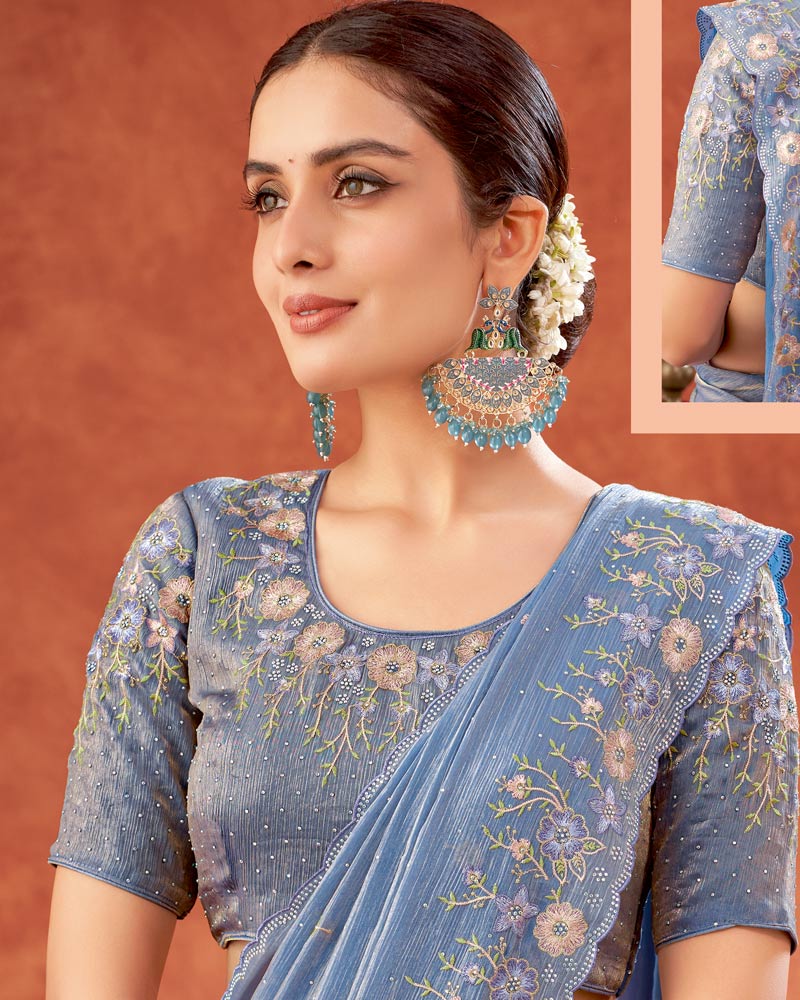 Vishal Prints Pastel Blue Designer Fancy Satin Saree With Embroidery-Swarovski Work And Cut Work Border