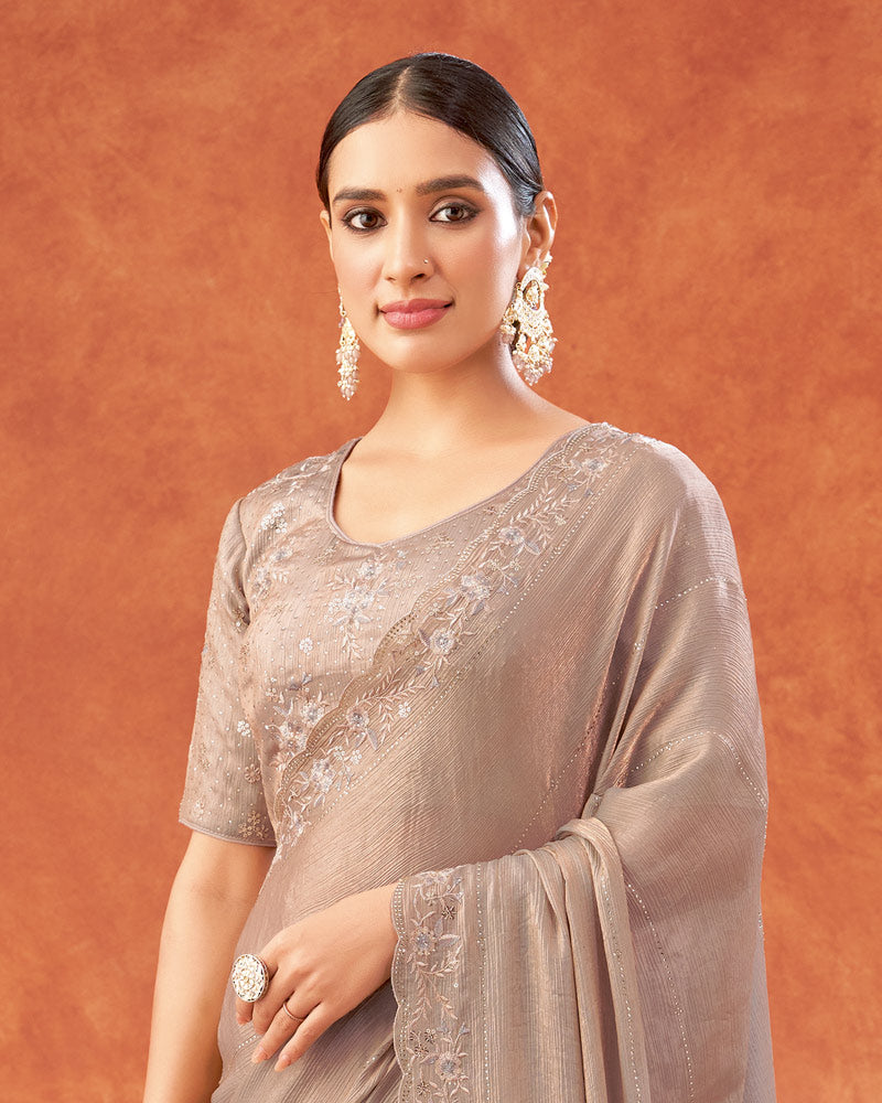 Vishal Prints Pastel Brown Designer Fancy Satin Saree With Embroidery-Swarovski Work And Cut Work Border