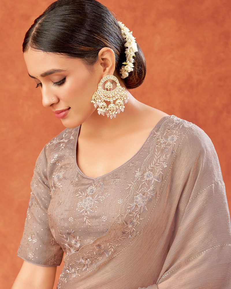 Vishal Prints Pastel Brown Designer Fancy Satin Saree With Embroidery-Swarovski Work And Cut Work Border
