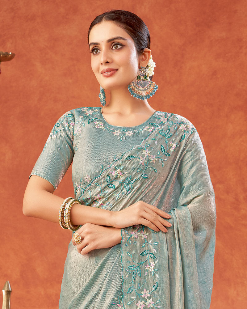 Vishal Prints Mist Green Designer Fancy Satin Saree With Embroidery-Swarovski Work And Cut Work Border