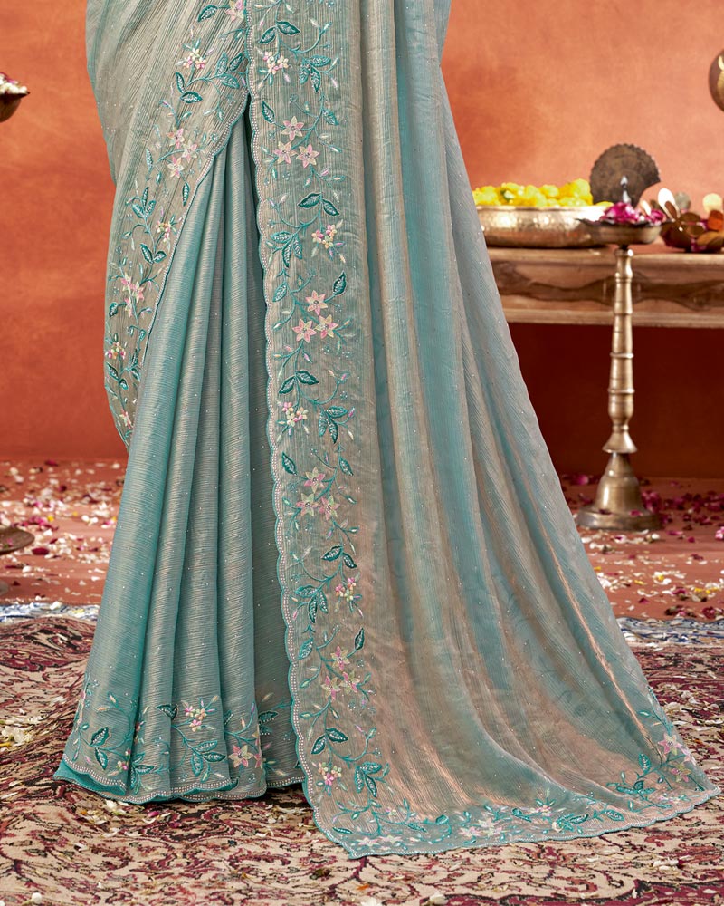 Vishal Prints Mist Green Designer Fancy Satin Saree With Embroidery-Swarovski Work And Cut Work Border