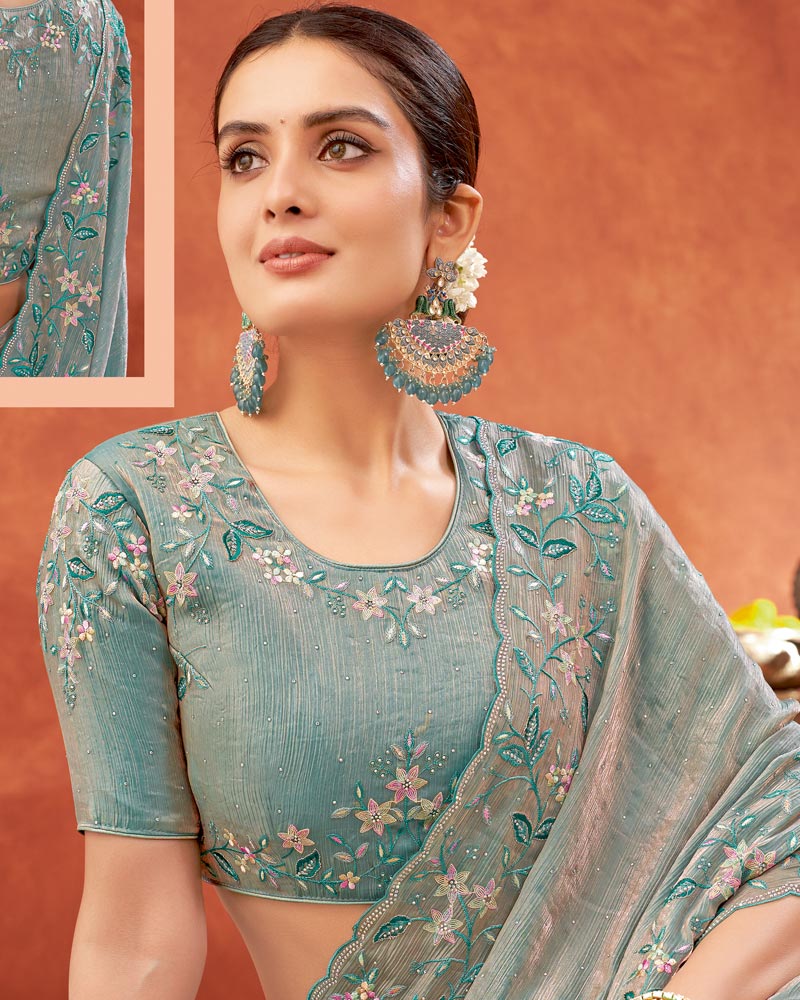 Vishal Prints Mist Green Designer Fancy Satin Saree With Embroidery-Swarovski Work And Cut Work Border
