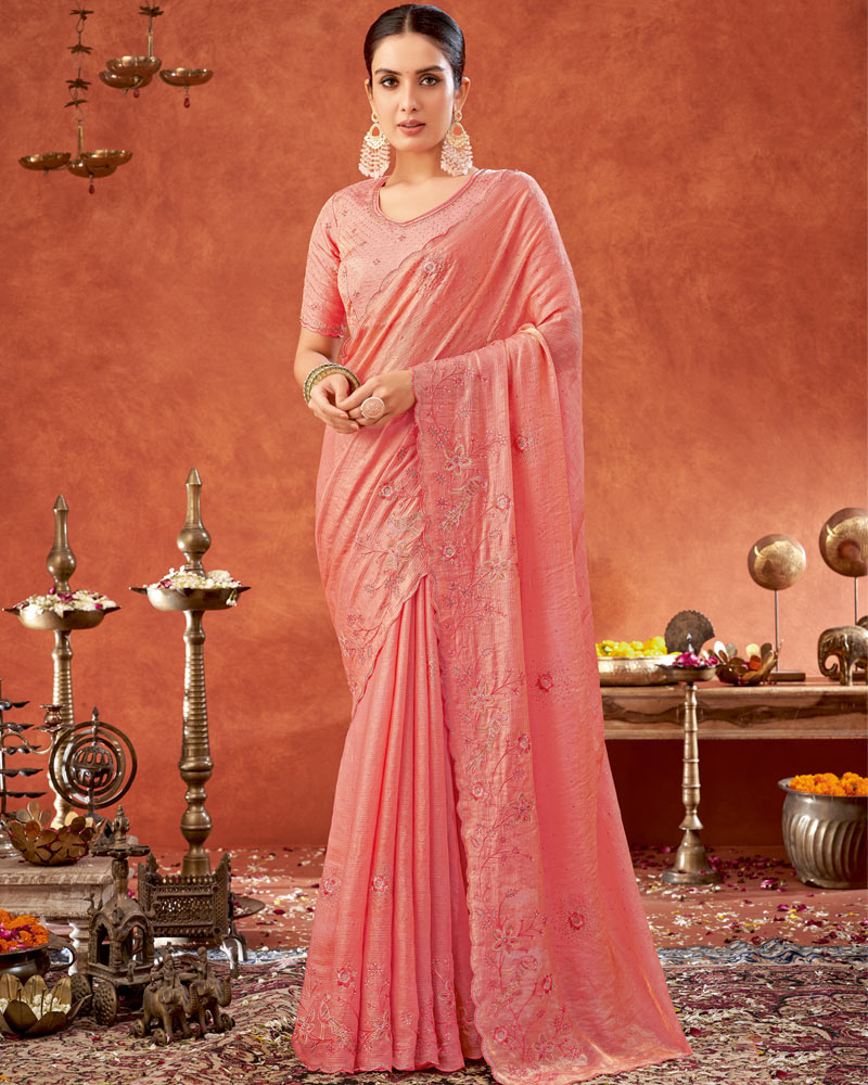 Vishal Prints Peach Designer Fancy Satin Saree With Embroidery-Swarovski Work And Cut Work Border