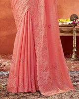 Vishal Prints Peach Designer Fancy Satin Saree With Embroidery-Swarovski Work And Cut Work Border