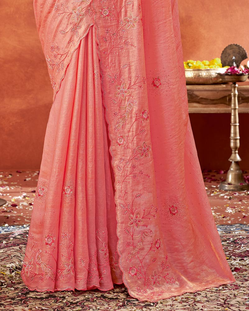 Vishal Prints Peach Designer Fancy Satin Saree With Embroidery-Swarovski Work And Cut Work Border
