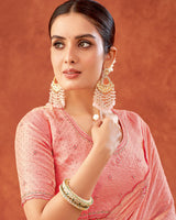 Vishal Prints Peach Designer Fancy Satin Saree With Embroidery-Swarovski Work And Cut Work Border