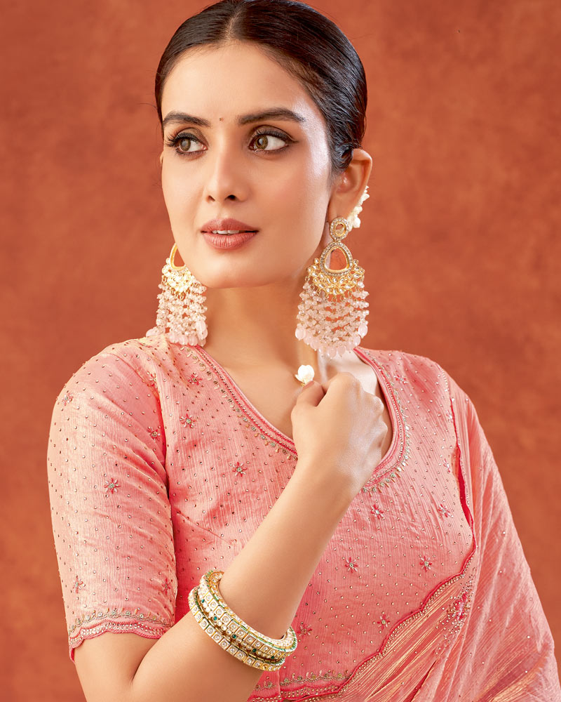 Vishal Prints Peach Designer Fancy Satin Saree With Embroidery-Swarovski Work And Cut Work Border