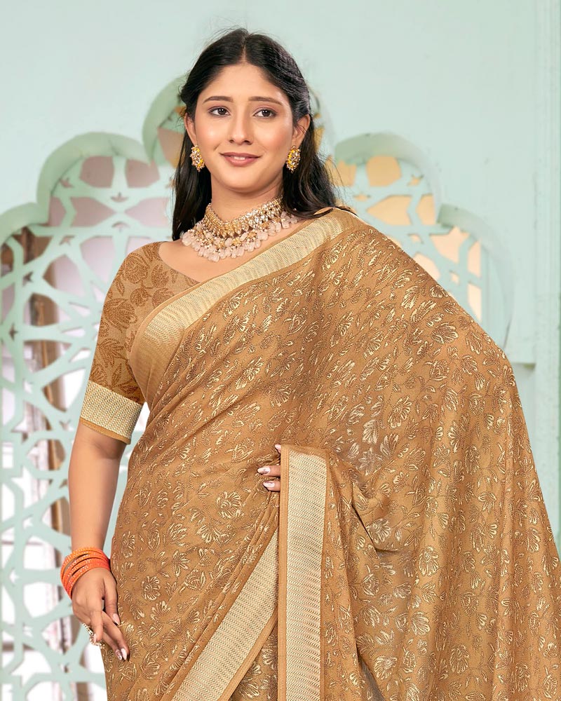 Vishal Prints Dusty Light Orange Criva Crepe Digital Print Saree With Weaved Viscose Patta