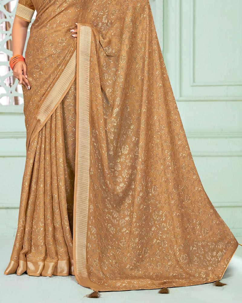 Vishal Prints Dusty Light Orange Criva Crepe Digital Print Saree With Weaved Viscose Patta