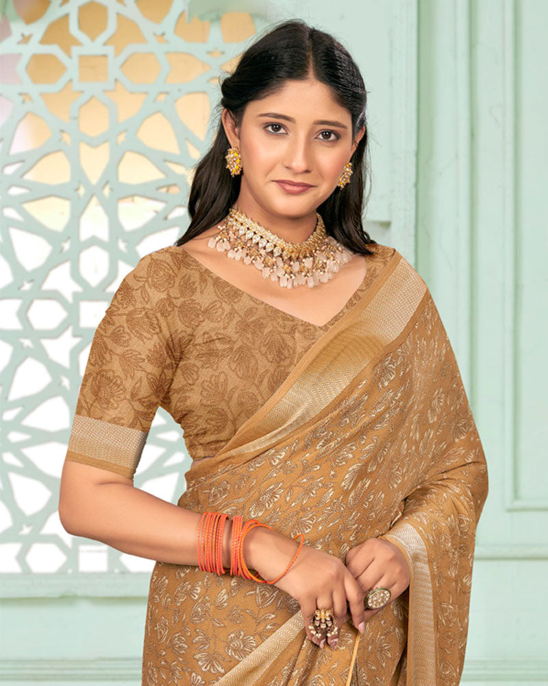 Vishal Prints Dusty Light Orange Criva Crepe Digital Print Saree With Weaved Viscose Patta