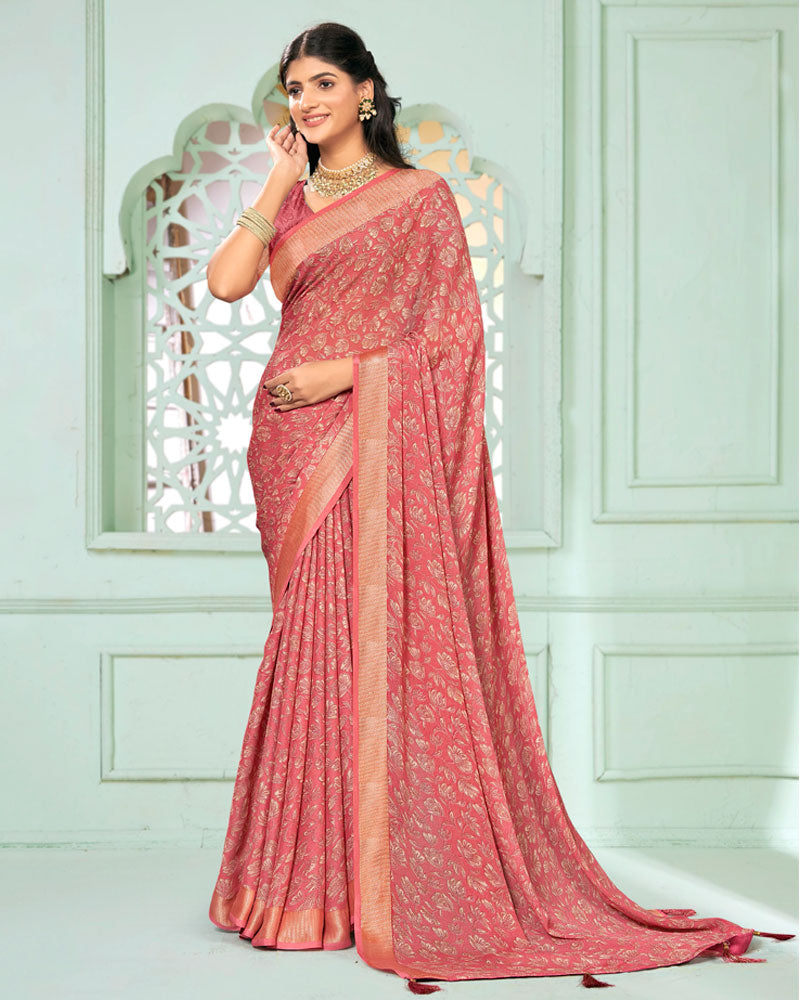 Vishal Prints Light Carmine Pink Criva Crepe Digital Print Saree With Weaved Viscose Patta
