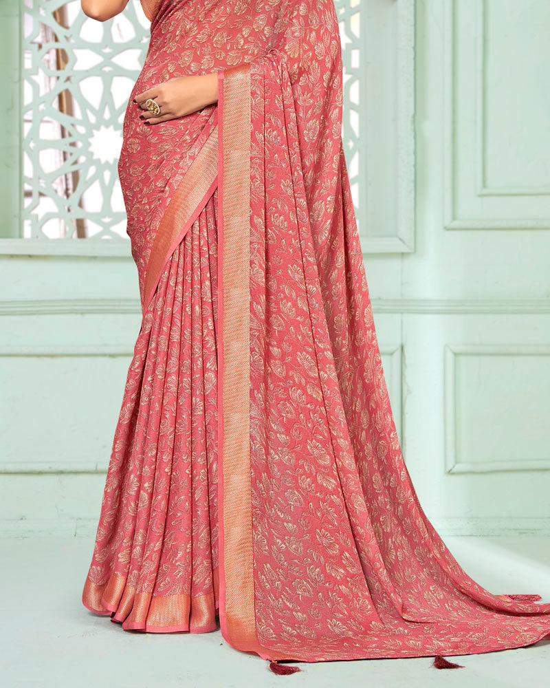Vishal Prints Light Carmine Pink Criva Crepe Digital Print Saree With Weaved Viscose Patta