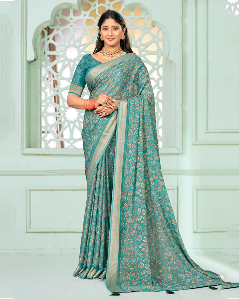 Vishal Prints Light Sea Green Criva Crepe Digital Print Saree With Weaved Viscose Patta
