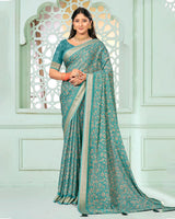 Vishal Prints Light Sea Green Criva Crepe Digital Print Saree With Weaved Viscose Patta