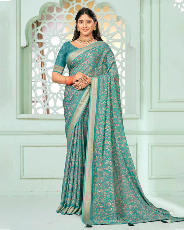 Vishal Prints Light Sea Green Criva Crepe Digital Print Saree With Weaved Viscose Patta