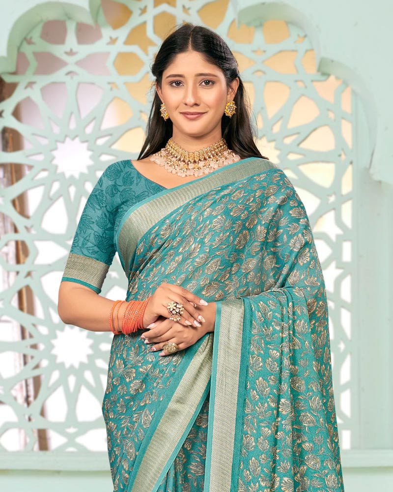 Vishal Prints Light Sea Green Criva Crepe Digital Print Saree With Weaved Viscose Patta