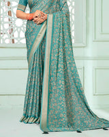Vishal Prints Light Sea Green Criva Crepe Digital Print Saree With Weaved Viscose Patta