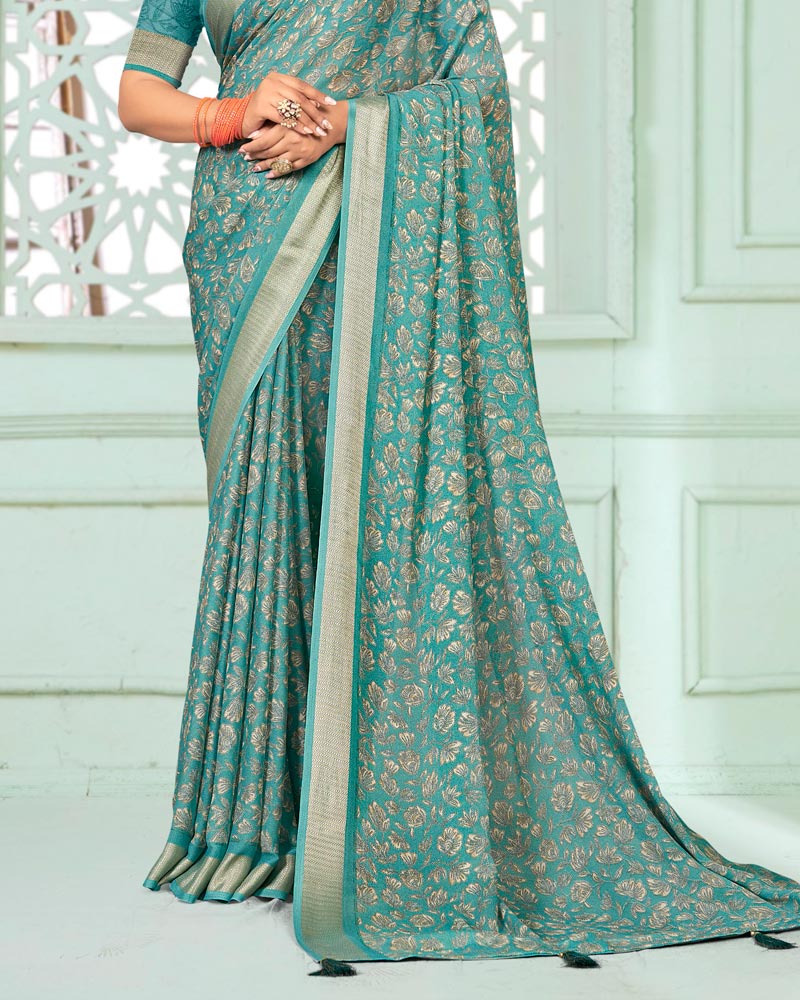 Vishal Prints Light Sea Green Criva Crepe Digital Print Saree With Weaved Viscose Patta